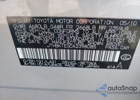 2010 Lexus Es 350 z USA, uszkodzony, nr VIN JTHBK1EG0A2398085